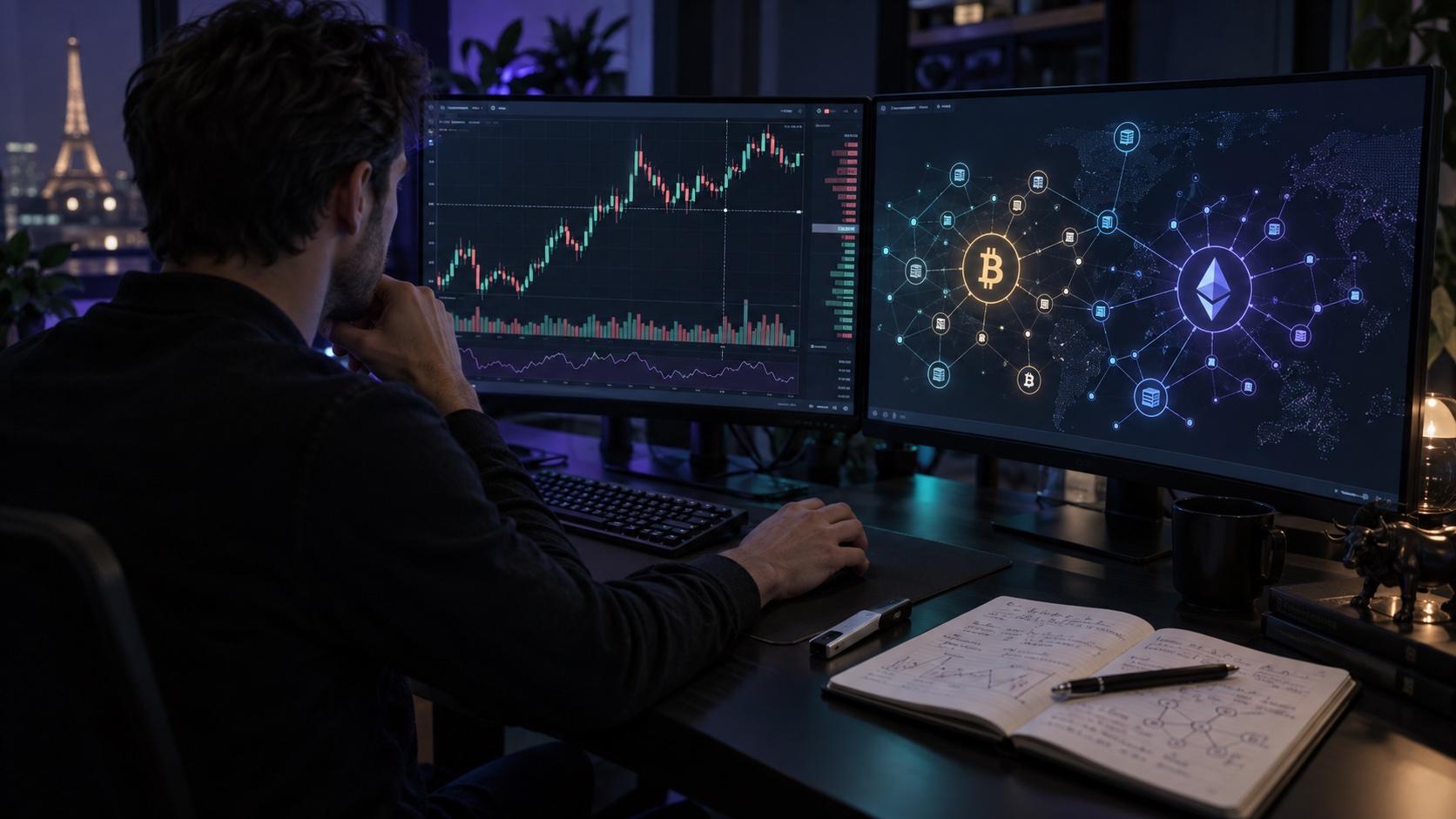 Une personne étudie un graphique en chandeliers et un réseau blockchain sur deux écrans