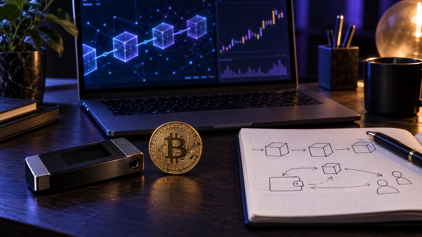 Portefeuille matériel, pièce Bitcoin et schéma de transactions blockchain sur un bureau